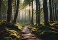 AI generated illustration of a sunlit path in mossy forest landscape Royalty Free Stock Photo