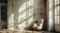 AI generated illustration of a sunlit room with vintage white chair and a doorway