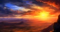 AI generated illustration of a sunrise over a horizon line with white and grey clouds in the sky