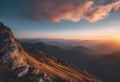 AI generated illustration of sunset casts a vibrant glow on mountain peaks Royalty Free Stock Photo