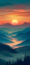 AI generated illustration of sunset over distant hills with cloudy sky Royalty Free Stock Photo