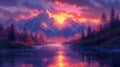 a mountain range at sunset with the sun reflected in the water Royalty Free Stock Photo