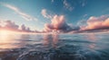 AI generated illustration of sunset over the ocean with vibrant clouds reflecting in the water Royalty Free Stock Photo