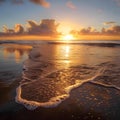 AI generated illustration of a sunset over ocean wave crashing onto shore Royalty Free Stock Photo