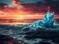 waves crashing over rocks with the sun setting in the background Royalty Free Stock Photo