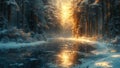 AI generated illustration of a sunset over snowy landscape, shining through trees Royalty Free Stock Photo