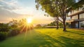 AI generated illustration of Sunset peeking through trees at an hotel, with lush green grass Royalty Free Stock Photo