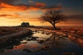 AI-generated illustration of a Sunset on a rural farm and a tree reflected on a muddy road Royalty Free Stock Photo
