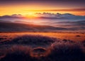 AI generated illustration of sunset scene over fields and Mountain with orangesky on the horizon Royalty Free Stock Photo