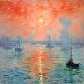 AI generated illustration of a sunset seascape with ships painted in the style of impressionists Royalty Free Stock Photo