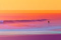 AI generated illustration of a surfer in the ocean, with the sky illuminated by orange and pink hues