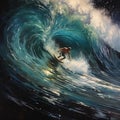 AI generated illustration of a surfer riding atop a large, powerful wave