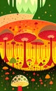 AI generated illustration of a surreal scenery with giant mushrooms on a forest