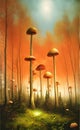 AI generated illustration of a surreal scenery with giant mushrooms on a forest