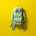 AI generated illustration of a surreal green backpack with hands and eyes on the yellow backdrop