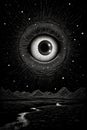 AI generated illustration of a surreal human eye in a starry black sky