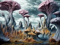 AI generated illustration of a surreal landscape featuring a desert terrain with oddly shaped trees