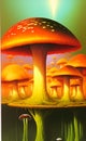 AI generated illustration of a surreal scenery with giant mushrooms on a forest