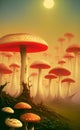 AI generated illustration of a surreal scenery with giant mushrooms on a forest