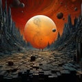 AI generated illustration of a surreal vibrant orange moon illuminating a dark desert landscape