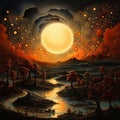 AI generated illustration of a surrealistic painting of a river in a landscape under the moonlight