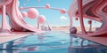 AI generated illustration of surrealistic, pink bubbles reflecting on a lake in a barren desert