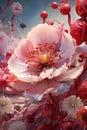 AI-generated illustration of surrealistic pink flowers with glossy textured berries