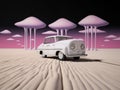 AI generated illustration of a surrealistic white, vintage car parked in front of pink