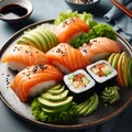AI generated illustration of sushi, consisting of two plates filled with a variety of sushi rolls Royalty Free Stock Photo