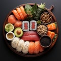 AI-generated illustration of a sushi platter featuring salmon, avocado, and white rice Royalty Free Stock Photo