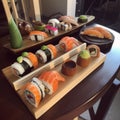 AI generated illustration of sushi with various kinds on wooden trays on table