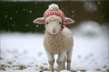 AI generated illustration of a sweet lamb wearing a knitted hat standing in a snow-filled landscape