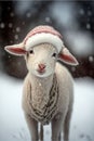 AI generated illustration of a sweet lamb wearing a knitted hat standing in a snow-filled landscape