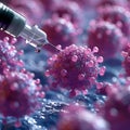 AI generated illustration of A syringe dispensing liquid onto pink viruses Royalty Free Stock Photo