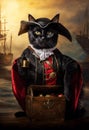 AI generated illustration of a tabby black wearing a pirate outfit