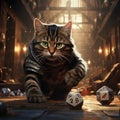 AI generated illustration of a tabby cat in a bar throwing dices on the wooden table during a gamble Royalty Free Stock Photo