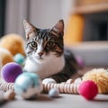 AI generated illustration of a tabby cat playing with colorful toys on the ground Royalty Free Stock Photo