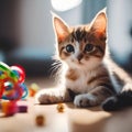 AI generated illustration of a tabby cat playing with colorful toys on the ground Royalty Free Stock Photo