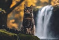 AI generated illustration of a tabby cat sitting on rock with waterfall backdrop Royalty Free Stock Photo