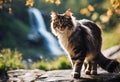 AI generated illustration of a tabby cat sitting on rock with waterfall backdrop Royalty Free Stock Photo