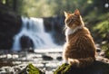 AI generated illustration of a tabby cat sitting on rock with waterfall backdrop Royalty Free Stock Photo