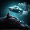 AI generated illustration of a tabby cat staring up at a fish swimming in the water next to it