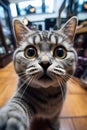 AI generated illustration of a tabby cat taking a selfie at home