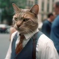 AI generated illustration of a tabby cat wearing a stylish shirt and tie on the street