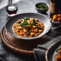 a plate of food sits on a table next to wine glasses Royalty Free Stock Photo