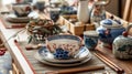 a table setting has two tea pots on it and one is set for dinner Royalty Free Stock Photo