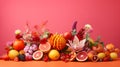 AI generated illustration a table topped with fruit and a pink background of a bright color Royalty Free Stock Photo