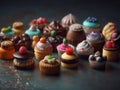 AI generated illustration of A tabletop covered with rows of small cakes