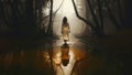 Taking the wrong path. Woman in a long white dress walking in a dark foggy forest. Royalty Free Stock Photo