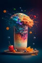 AI generated illustration of a tall glass of fruity milkshake with splashes on top